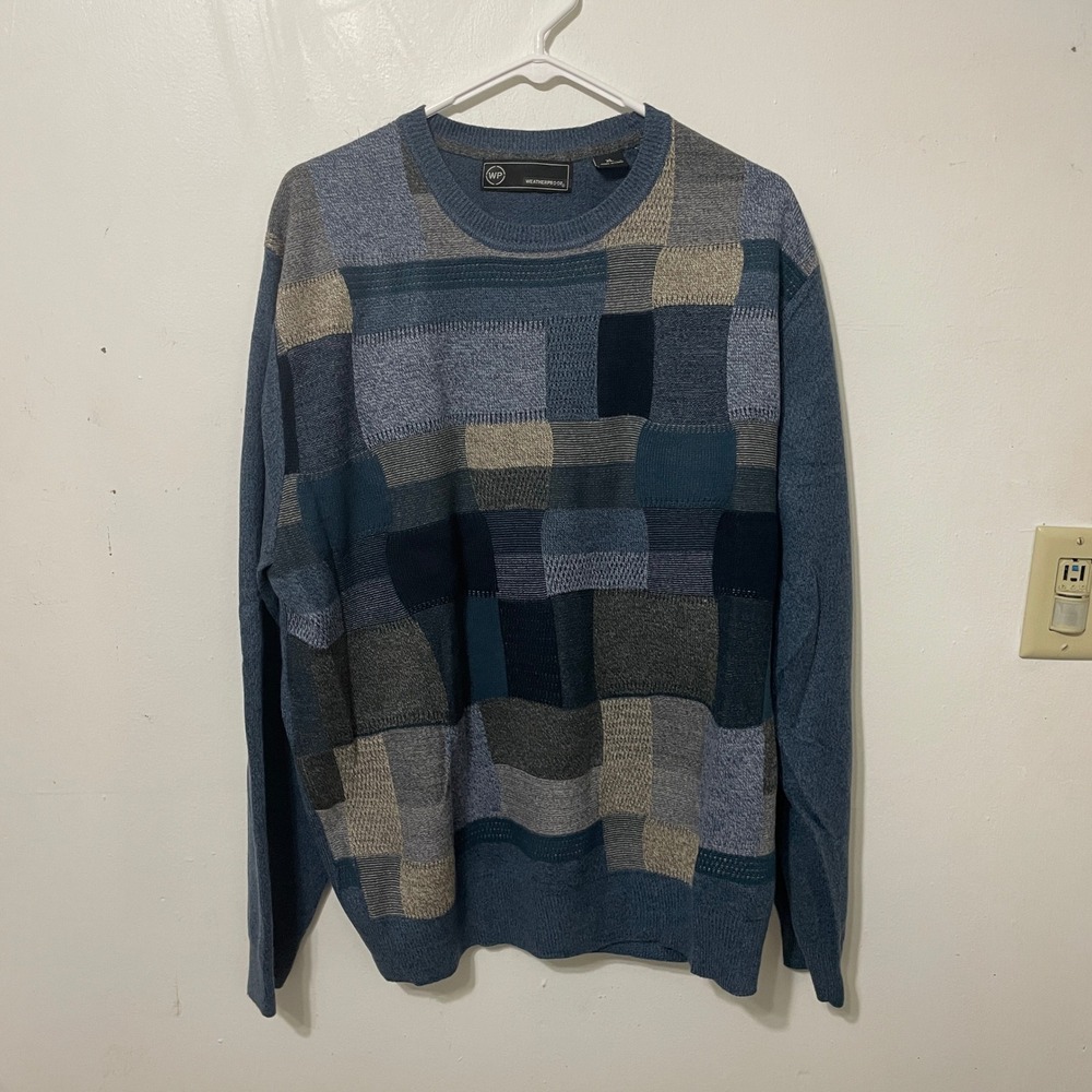 Weatherproof Mens XL Blue Patchwork Crewneck‎ Sweater Grandpacore Long Sleeve